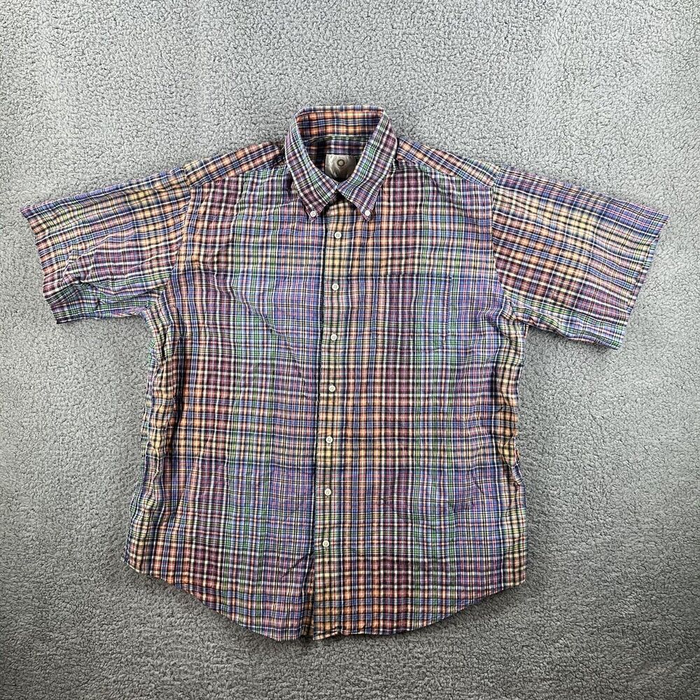 Viyella Mens Button Down Shirt Rainbow Plaid Size Extra Large Short Sleeve